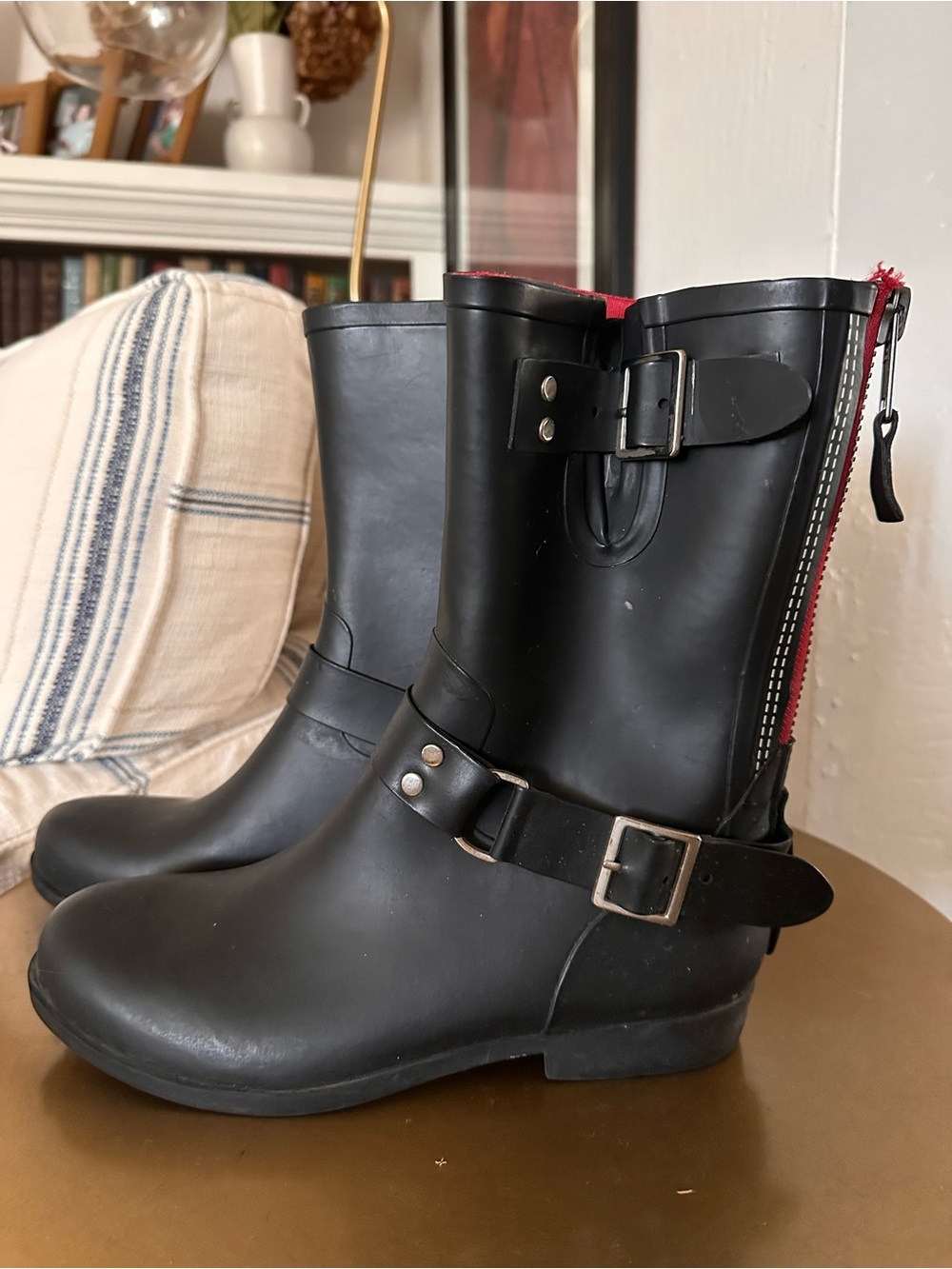 Black Mid-Calf Rain Boots with Red Back Zip